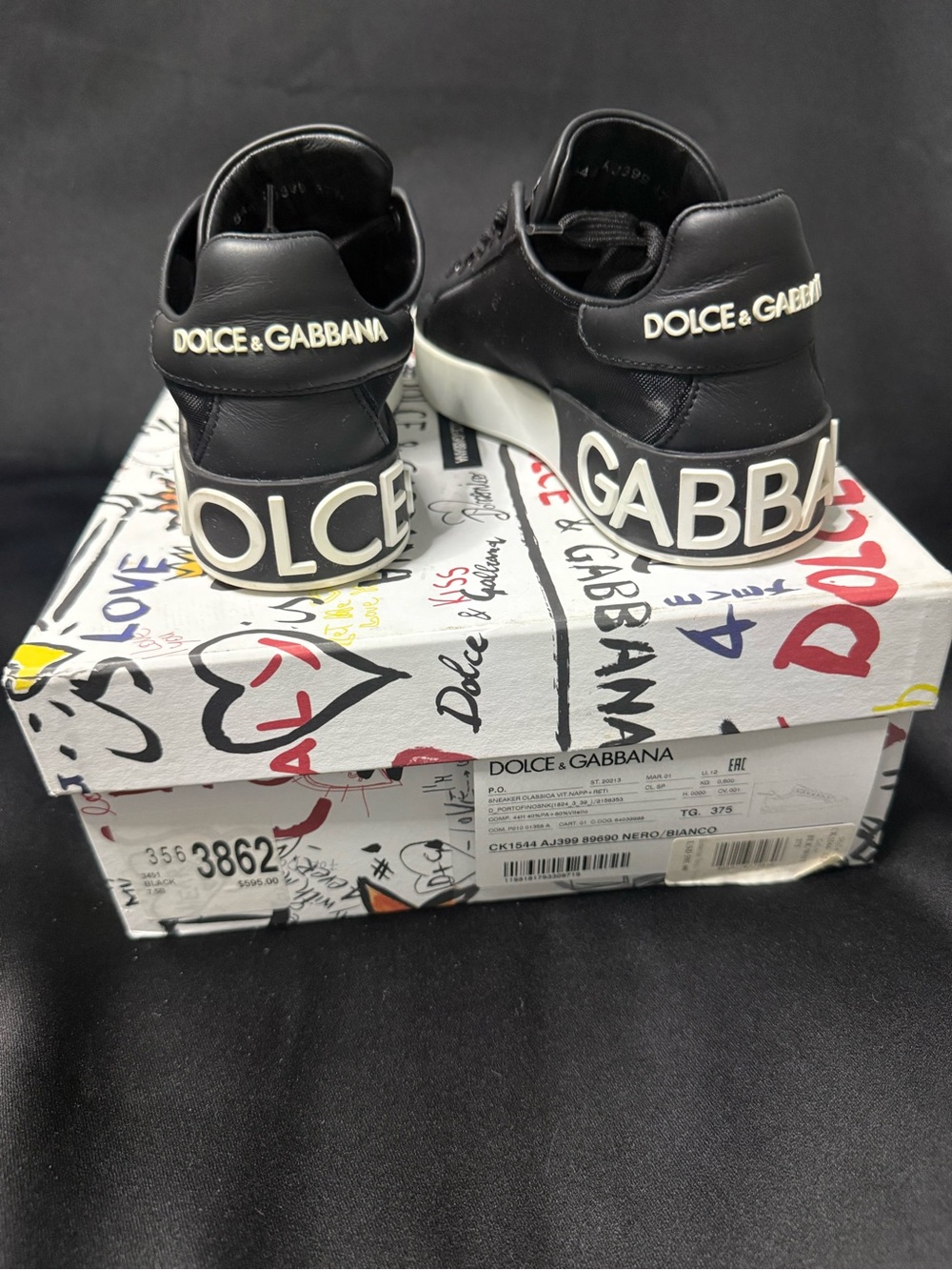 Dolce & Gabbana Portofino Black Mesh Leather Logo Spoiler Sneakers 37.5 7.5